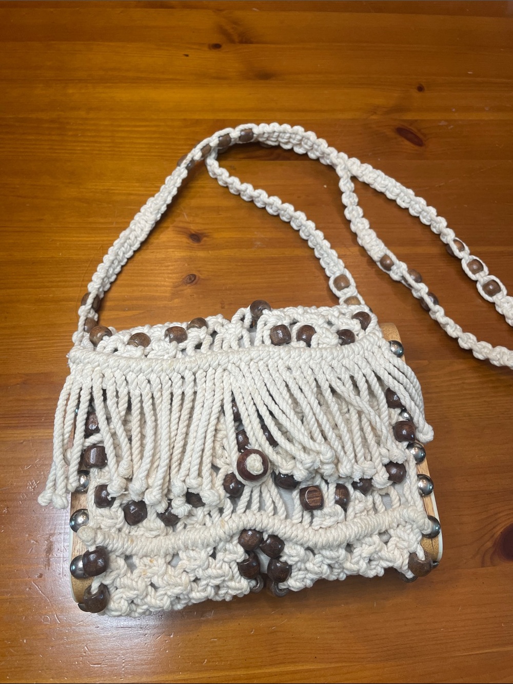 Straw Studios Cream Macramé Crossbody with Wooden Bead Fringe
